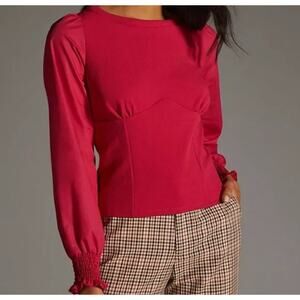 by Anthropologie Structure Long Slv Top Sz L Pink Bishop Sleeve Office Stretch